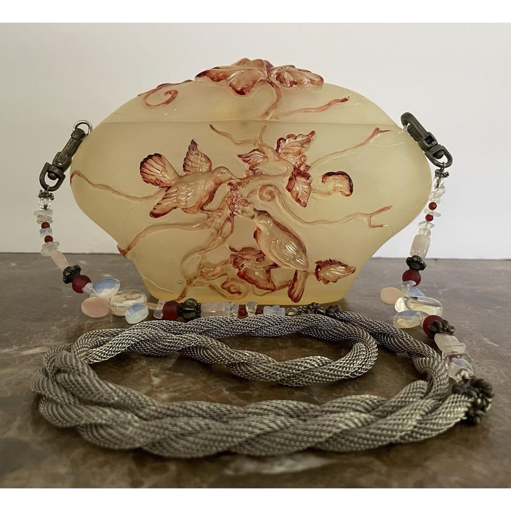 Maya Evangelista Birds Botanical 3D Peach Frosted Resin Shoulder Bag Beaded Boho